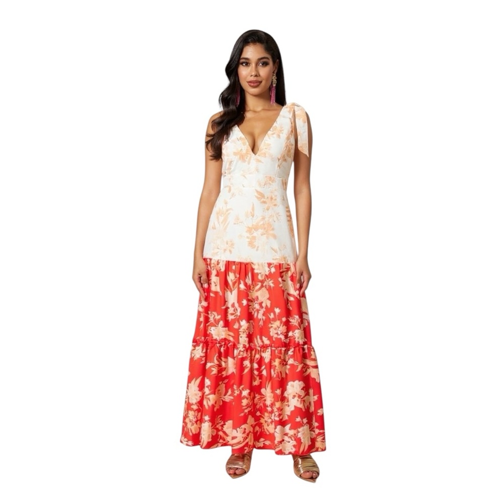 COLOR-BLOCK V NECK SLEEVELESS TIERED FLORAL PRINT MAXI DRESS